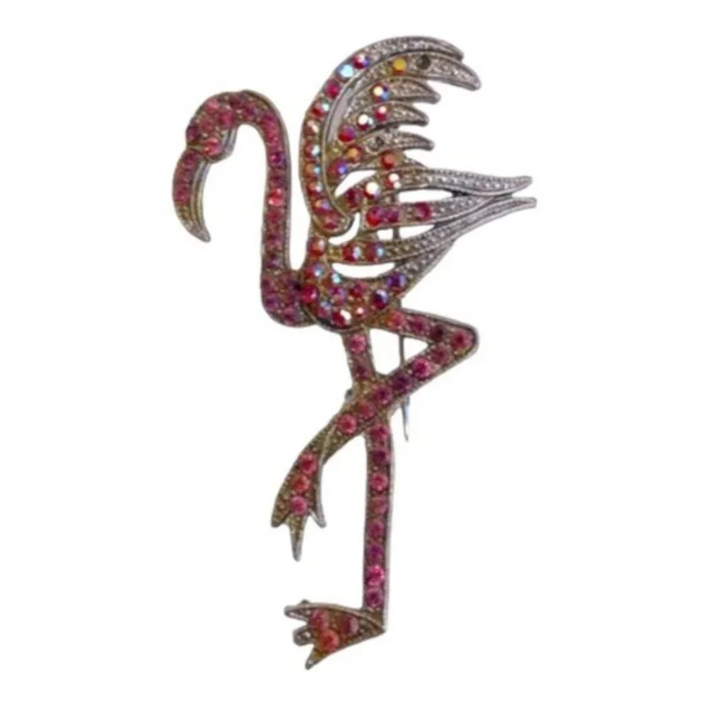 Vintage Pink Flamingo Sparkling Rhinestone Brooch Pin